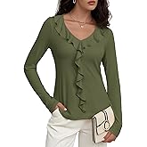 Meetrendi Women's Long Sleeve Shirts Dressy Casual V Neck Ruffle Knit Tunic Tops 2025 Fall Trendy Work Blouse