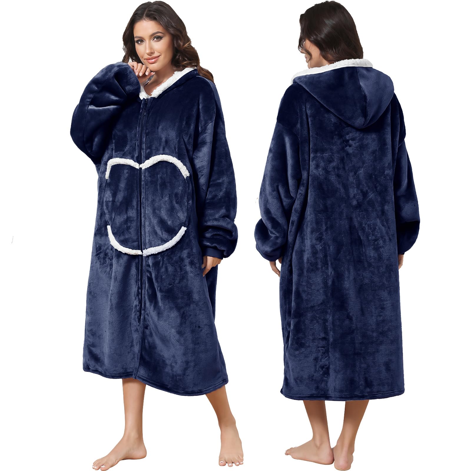 FEELJAM Oversized Wearable Blanket with Sleeves and Hood, Adult Hoodie Blankets with Zip and Pockets (Navy Blue-#a, 120)
