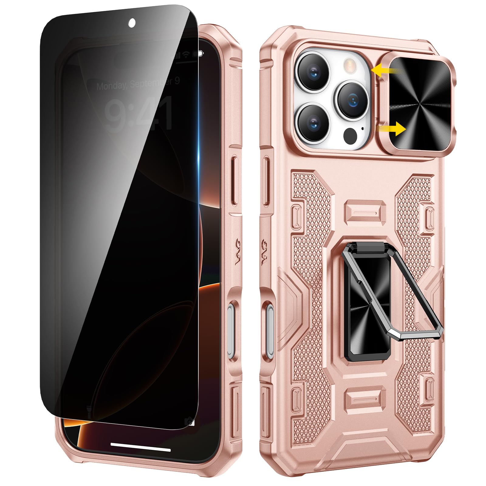 VEGO Case for iPhone 16 Pro Max, Slide Camera Cover & Privacy Screen Protector & 360°Rotatable Ring Kickstand Military Grade Heavy Duty Protection Case for iPhone 16 ProMax - Rose Gold