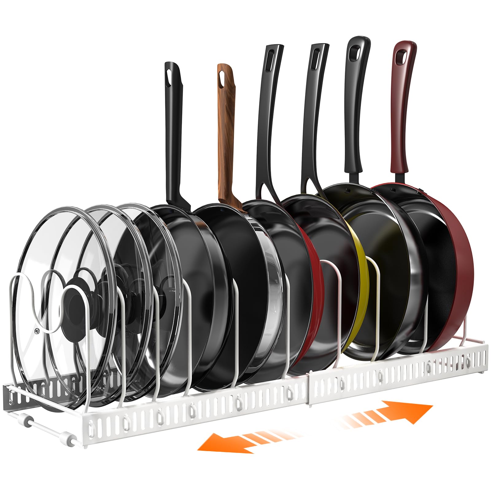 Puricon Pots and Pans Organiser for Cupboard 10 Dividers, Expandable Pan Storage, Rack for Lid/Baking Tray/Chopping Board, Kitchen Drawer Organiser, Joseph Joseph Storage -White