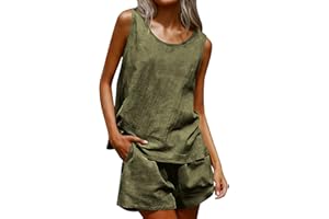 Women Two Piece Sets Cotton Linen Outfits Sleeveless Tank Top and Elastic Waist Shorts Lounge Set Summer Casual Tracksuit