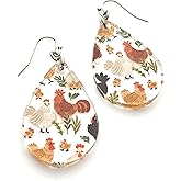 Chicken Patterned Clear Acrylic Dangle Teardrop Earrings for Crazy Chicken Lady
