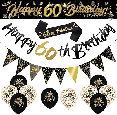 Yontree 14 Pieces 60th Birthday Decorations Kit Gold Black Banner Confetti
