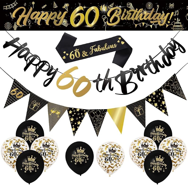 Yontree 14 Pieces 60th Birthday Decorations Kit Gold Black Banner Confetti