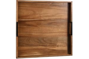 Large Ottoman Tray for Living Room and Coffee Table Decorative Acacia Wood Serving Tray with Handles for Breakfast in Bed, Di