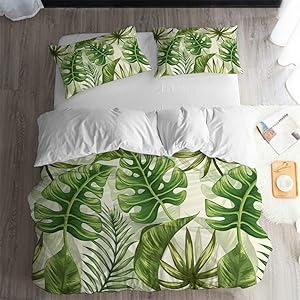 ARL HOME Tropical Bedding Rainforest Green Botanical 2pc Twin Size Duvet Cover Palm Leaves Summer Plant Dark Color Quilt Covers Green Comforter Cover (1 Pillow Cases) Jungle Leaf Duvet