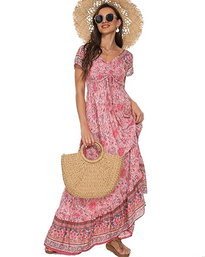 Summer Short Sleeve Floral Maxi Dress for Women Casual Flowy Swing Smocked  Beach Bohemian Party Pleated Dress Pink in Kenya | Whizz Dresses