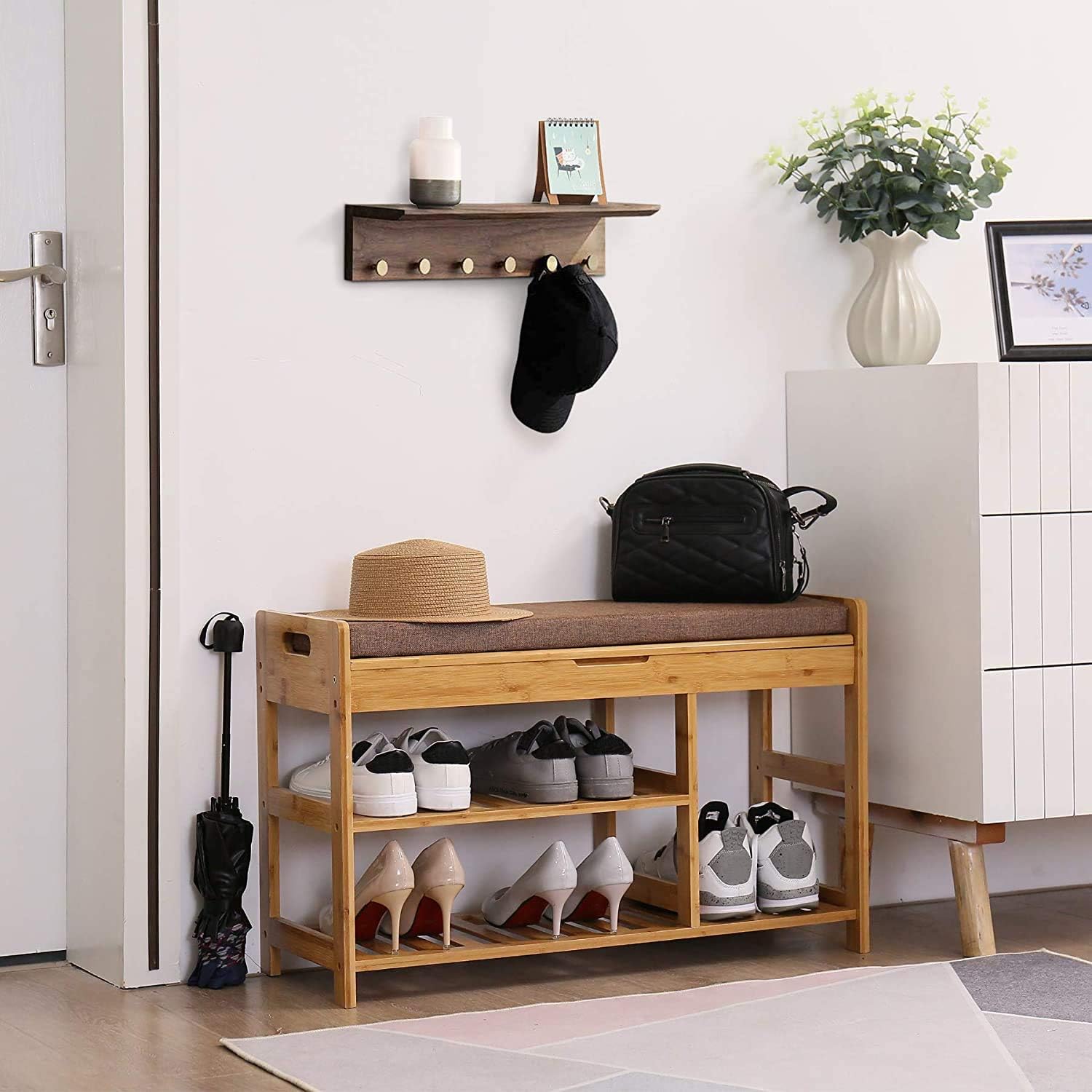 C&AHOME Shoe Rack Bench, Entryway 3-Tier Shoe Organizer, Max Load 270 LBS, Bamboo Storage Shelf with Cushion for Boots, Modern Stool for Bedroom Living Room, 31.5" L x 11.6" W x 19.3" H Natural: Kitchen & Dining