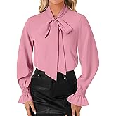 LYANER Women's Bow Tie Front Smocked Long Sleeve Blouse Elegant Office Shirt Top