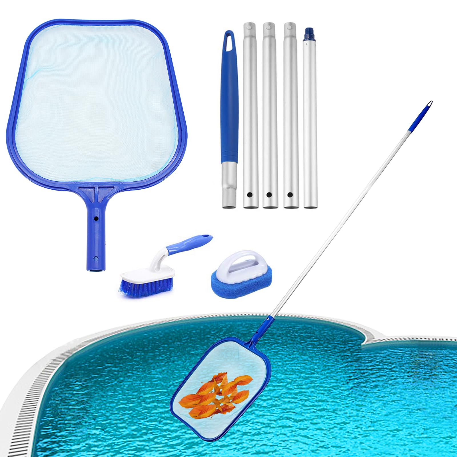 Hot Tub Net for Cleaning, Swimming Pool Nets, Pool Skimmer Net with 5-section Removable Aluminum Pole, Fine Mesh Skimmer, Spa Accessories, Pools Clean Kit with Paddling Pools Brush and Scrubber Pad