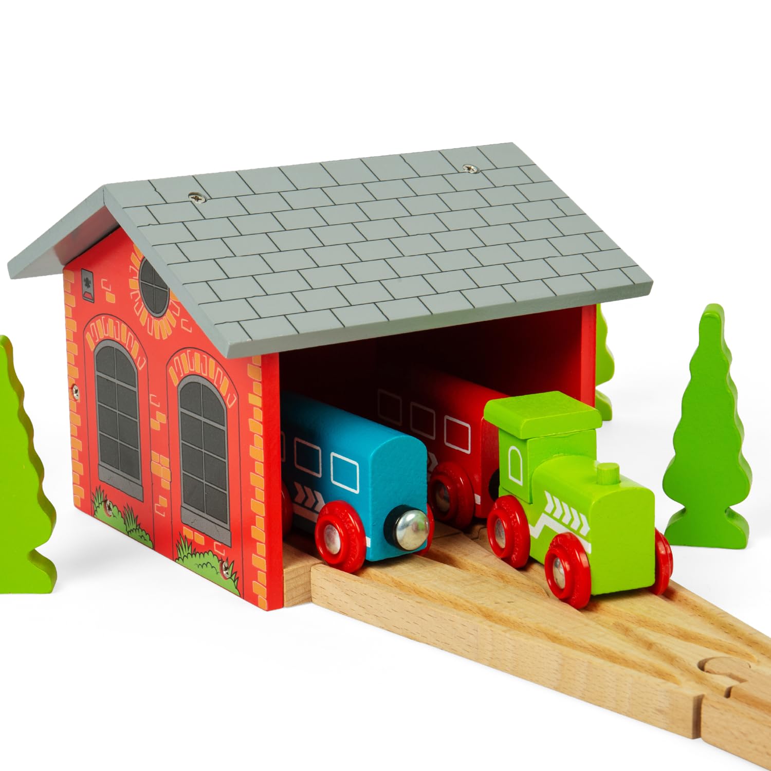Bigjigs Rail Double Engine Wooden Shed | Red Model Garage for Parking Train Toy | Accessories for Wood Railway Track Expansion | Ideal as Gifts for Kids Age 3+| Educational Tool for Young Children
