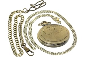 FOBTIME Bronze Vintage Brass Antique Case Pocket Watch Fob Watch for Men Women with 1 PC Necklace Chain 1 PC Clip Key Rib Chain
