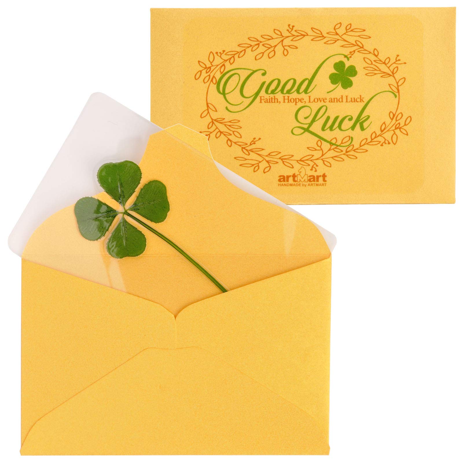 Genuine Real Four-Leaf Green Clover St. Saint Patric's Day Bookmarks Irish Shamrock Good Luck Charm for Smartphone Wallet Case Amulet Purse Coating Gift Thanks Card M