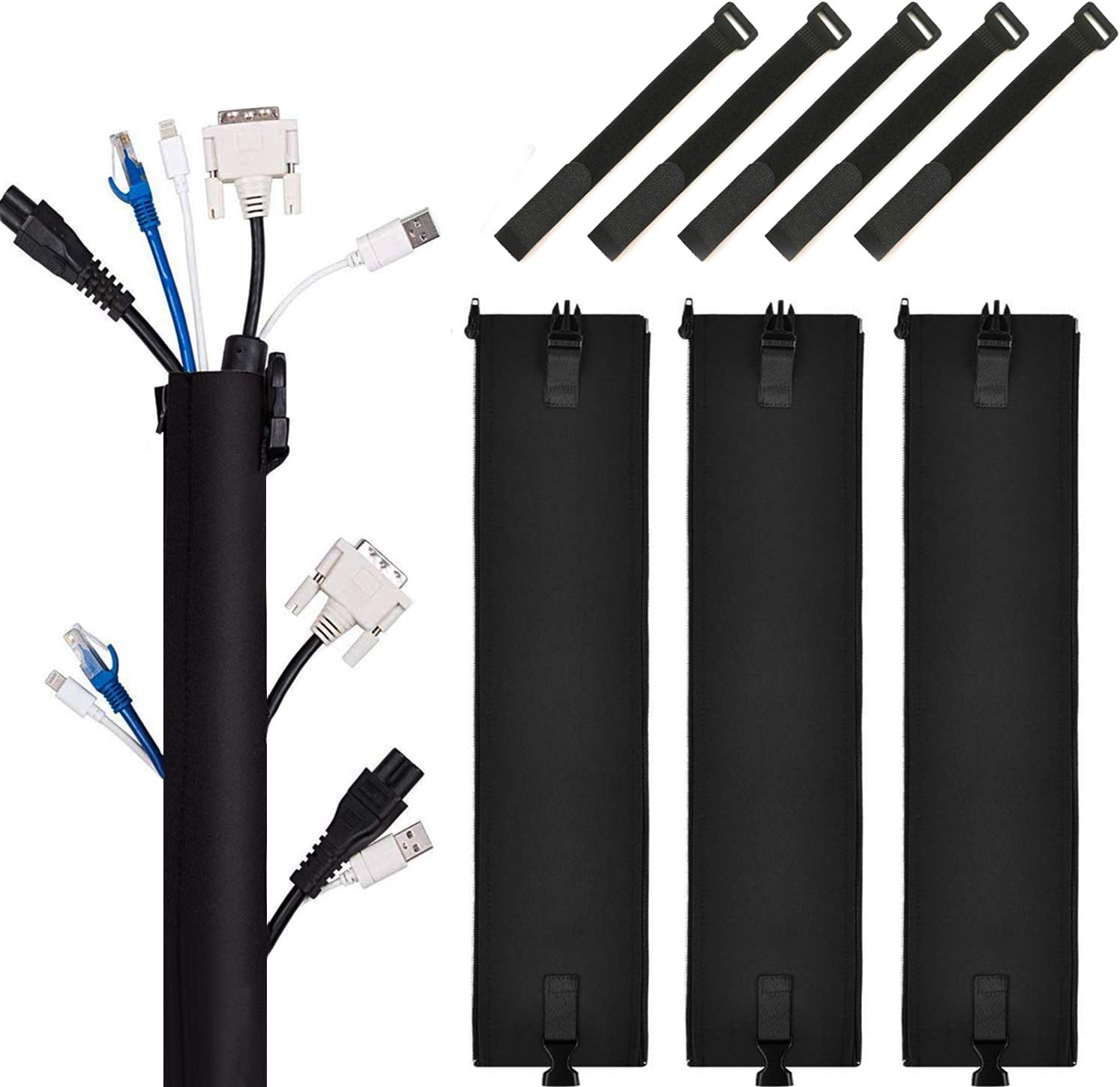 Cable Management Sleeve Cord Organizer, 19.7 inch Sleeved Cables with Buckle, Extendable Cable Sleeving Kit Wire Covers for Tv Cable Pc Cord Computer Office Home (Black)