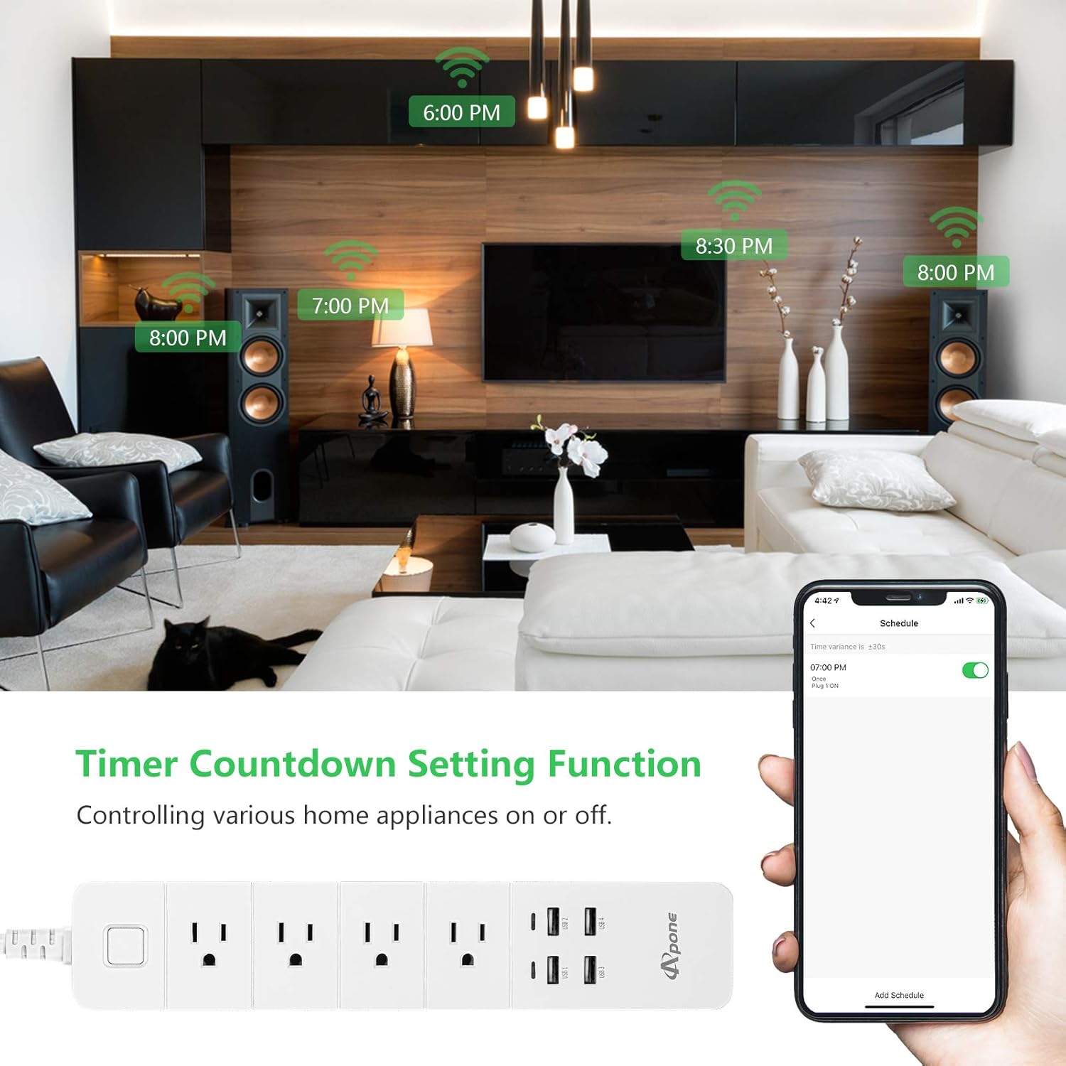 APONE Smart Power Strip, Smart Plug with 4 Outlets and 4 USB Ports, Voice Control Compatible with Google Assistant and Alexa, 5.90 ft Extension Cord, No Hub Required, Timing Schedule: Electronics
