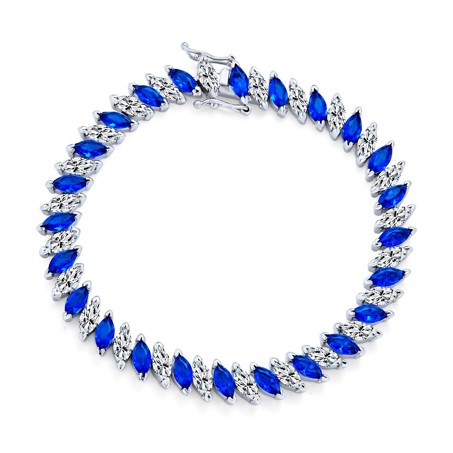 Bling Jewelry Traditional Bridal Vintage Style Cubic Zirconia Marquise Shape AAA CZ 25 CTW Alternating Simulated White Clear Blue Sapphire Tennis Bracelet For Women Wedding Silver Plated 7"