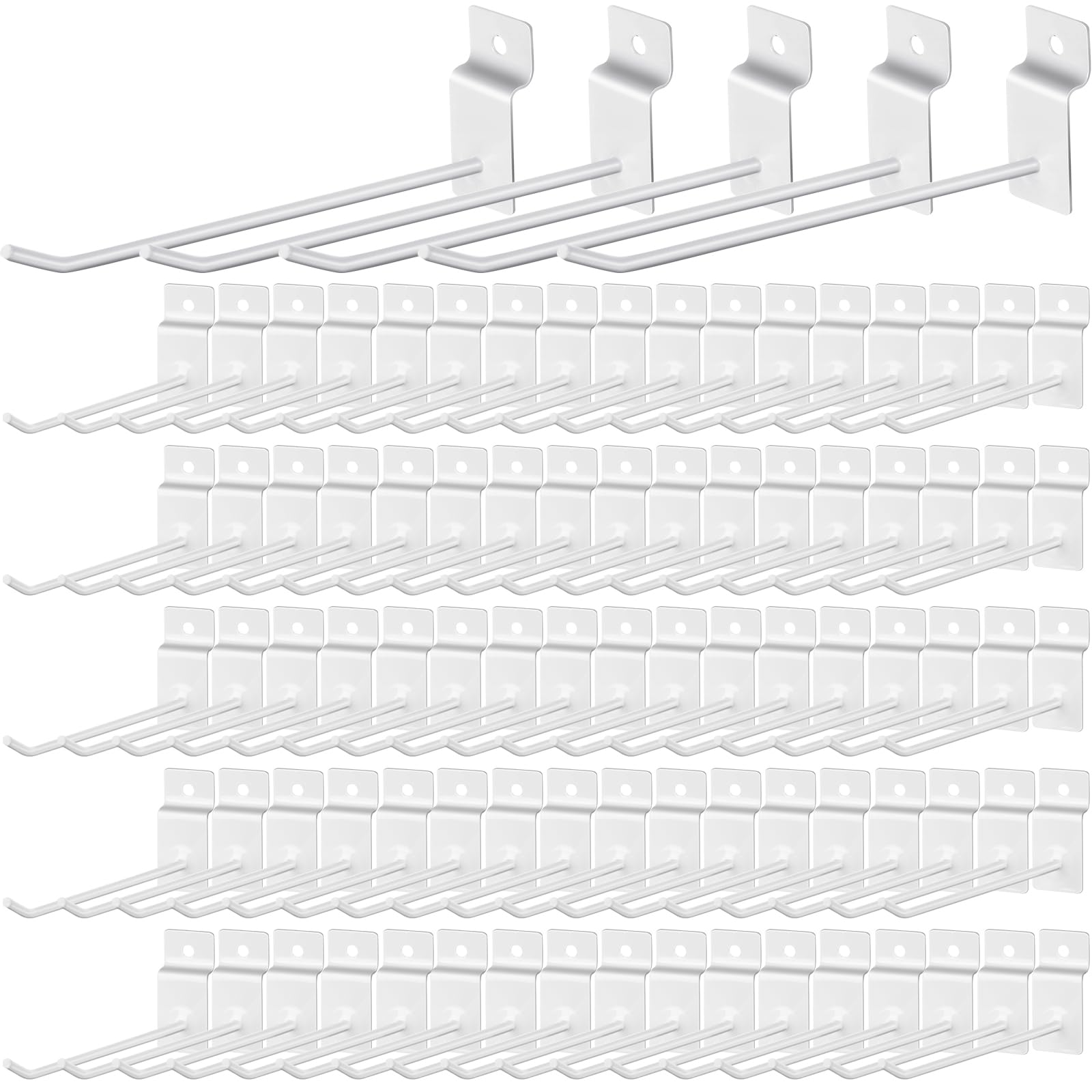 Photo 1 of Tandefio 100 Pcs Slatwall Hooks 6 Inch Panel Display Metal Slat Wall Hanging Hooks Pegboard Heavy Duty Slat Board for Garage Retail Shop Shelf Organization Accessories, White