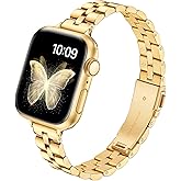 G-ficu Slim Metal Band for Apple Watch Bands for Women 41mm 40mm 42mm(S10/11) 38mm iWatch Bands, Stainless Steel Thin Dressy Cute Strap for Apple Watch Band Series 11 10 9 8 SE 7 6 5 4 3-Gold