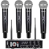 ZERFUN 4 Channel Rechargeable Wireless Microphone System Pro & Pre Effector, UHF Metal Handheld Cordless Mics with Vocal Cut, Bluetooth, USB Port, XLR, 1/4, Optical, RCA Input/Output, LCD Display