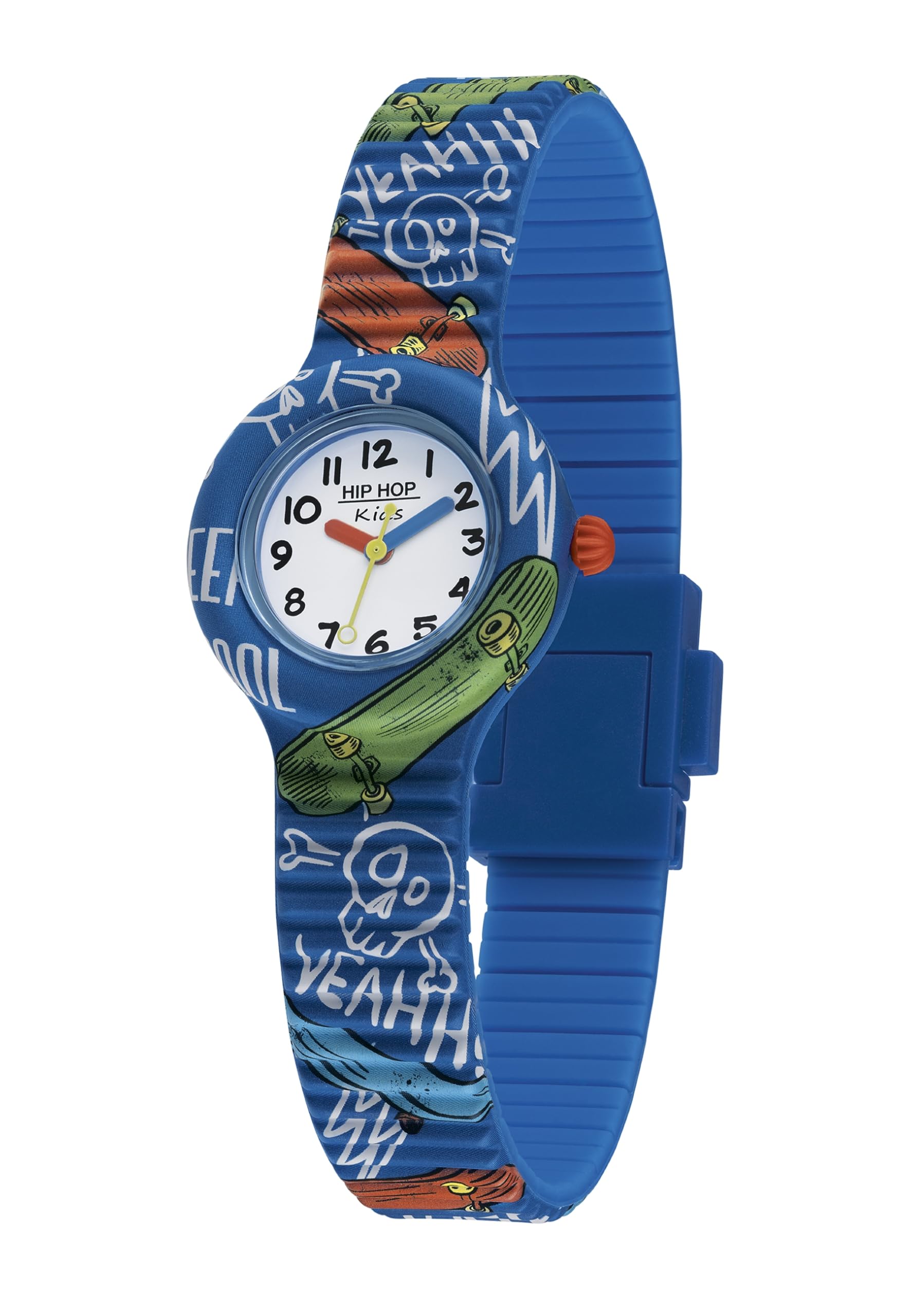 Hip Hop Kids Fun Skateboard Boys Watch, Time-Only Watch for Boys in Blue with Skateboards and Skulls and Soft Silicone Wristband, Water Resistant, HWU0990