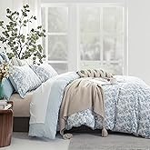 LEMIROE Vintage 100% Cotton Duvet Cover Queen Size 3PC - Elegant Pale Slate Blue Floral Pattern on White with Light Blue & White Striped Reverse, Luxurious Bedding Set with Button Closure (90"×90")