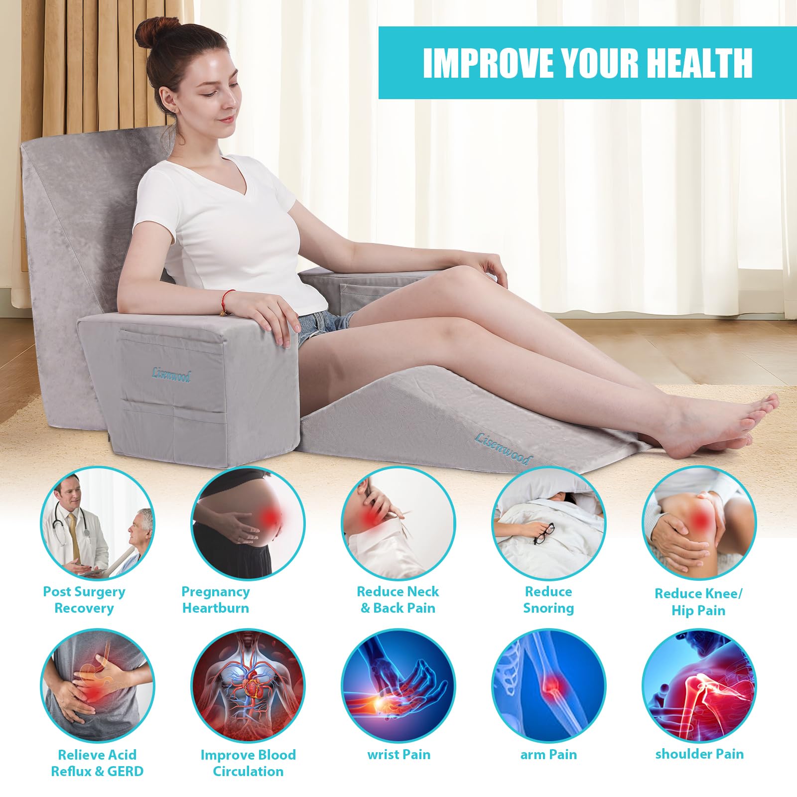 Foam Bed Wedge Pillow Set - Reading Pillow & Back Support Wedge Pillow for Sleeping - 4 Separated Sit Up Pillows for Bed - Angled Bed Pillow, Triangle Pillow for Back and Legs Support Gray