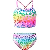 TENVDA Girls Swimsuit 2-Piece Halter Tankini Set Beach Sport Bathing Suit UPF 50+ Swimwear Size 7-8 Years Old Rainbow Leopard