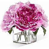 Artificial Peonies Flowers Arrangements in Cube Glass Vase, WELLKNOWN Silk Flower Centerpieces for Dining Room Table, Coffee Table Decor, Faux Peony Flowers with Faux Water (Bicolor Purple)