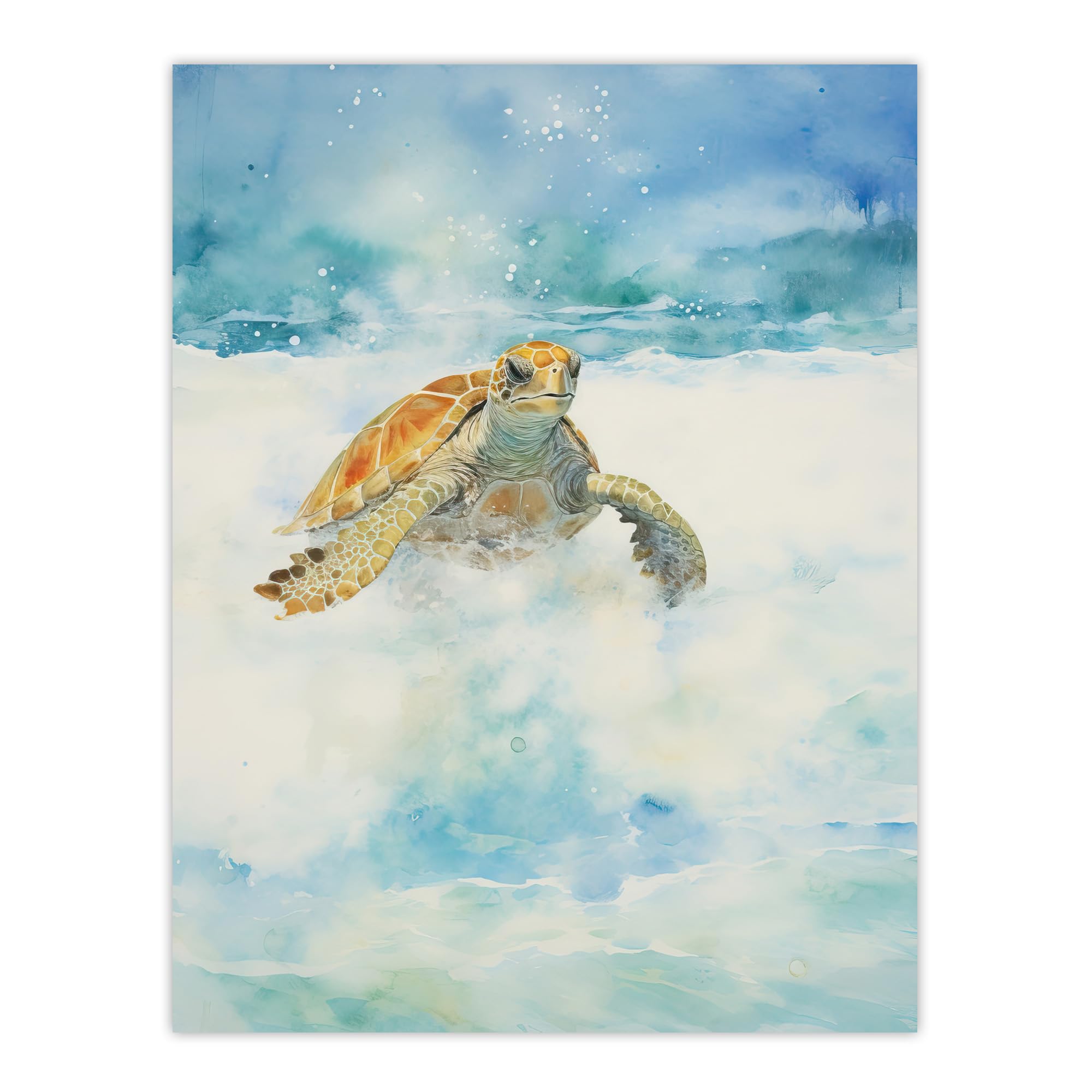Artery8 Sea Turtle Surf Watercolour Painting Surfing Over Foam Waves Bright Seascape Extra Large XL Wall Art Poster Print