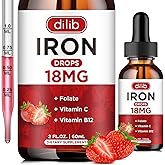Liquid Iron Supplement for Women & Men Iron Drops Iron Supplements for Anemia with Folate, Vitamin C, B12 for Red Blood Cell Support-Strawberry, 2 Fl Oz