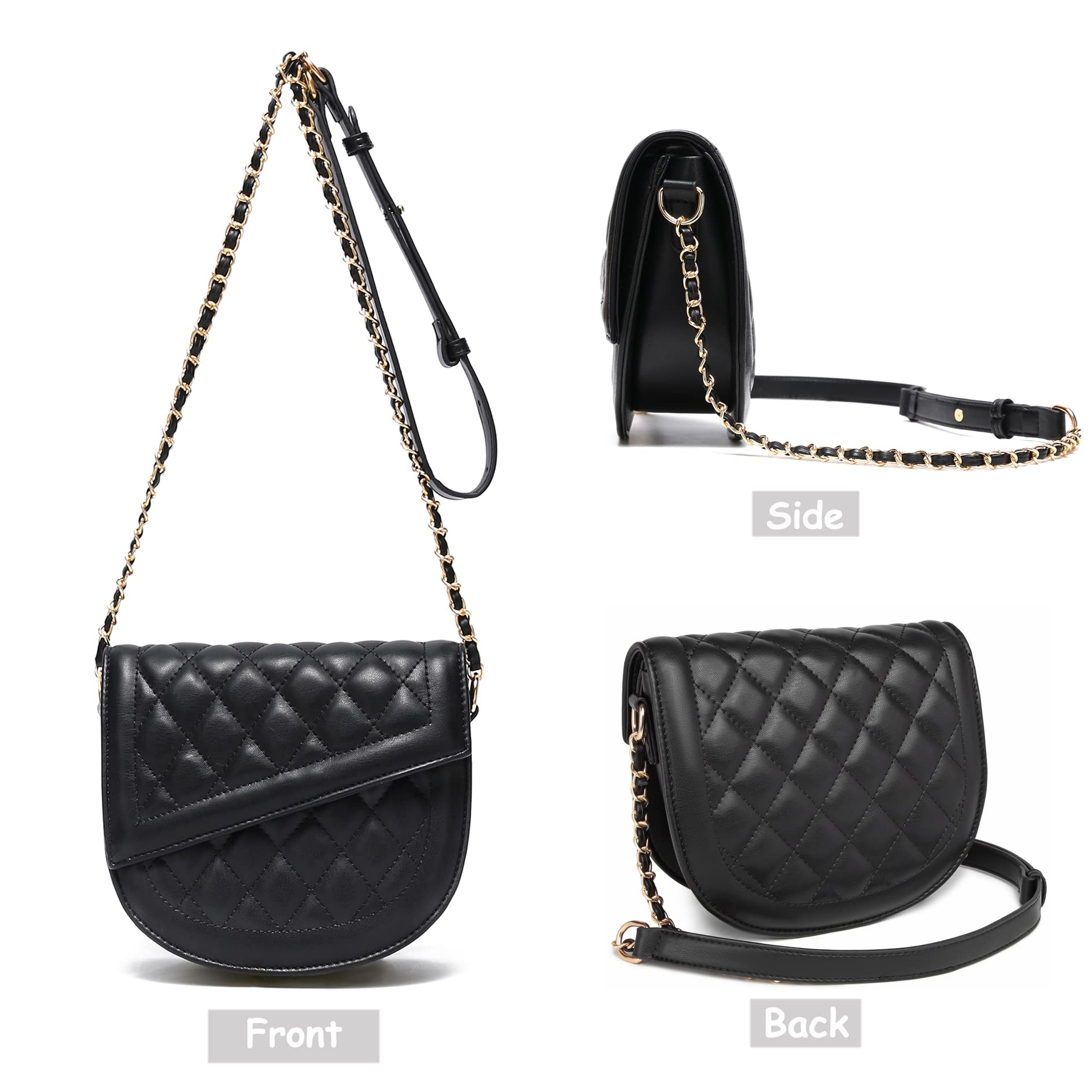 Hxixi Damen Schultertasche mit diagonaler Klappe, gesteppt, Kette, Leder, Crossbody-Tragetasche, Schwarz , Medium