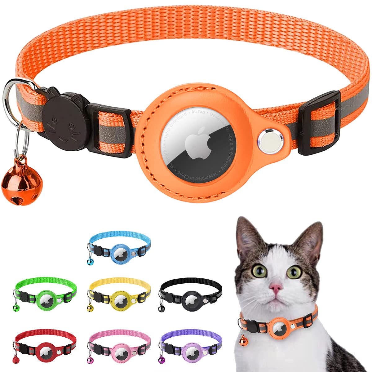 LZXLXS Airtag Cat Collar Reflective Adjustable Cat GPS Tracker Collar with Safety Buckle and Bell, Orange