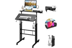 Klvied Adjustable Height Standing Desk with Cup Holder, Portable and Easy to Move, Ideal for Home or Office, Black