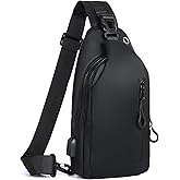 VALUEQLO Waterproof Sling Bag for Men Women Crossbody Backpack with USB Charging Port & Headphone Hole, Anti Theft Chest Pack Daypack, Adjustable Shoulder Bag for Travel, Hiking, Running Black