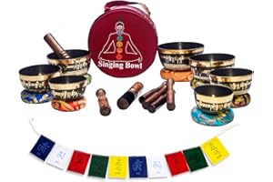 KHUSI Tibetan Singing Bowl Set of 7, Thadobati, Handcrafted, Mantra Engraved Singing Bowl for Yoga, Chakra healing, Relaxation, Stress Relief, Comes w/silk cushions, 7 sticks, Brocade Box
