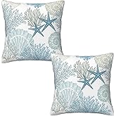 Tebjh Nautical Coastal Throw Pillow Covers 20x20 Set of 2, Beach Themed Ocean Seashell Coral Starfish Pillow Covers Outdoor Decorative Pillow Case for Couch Bed Sofa Cushion Home Decor