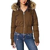 Zoziiee Womens Faux Fur Trim Hooded Jacket Winter Warm Quilted Puffer Bomber Padded Coat Utility Zipper Cropped Outwear