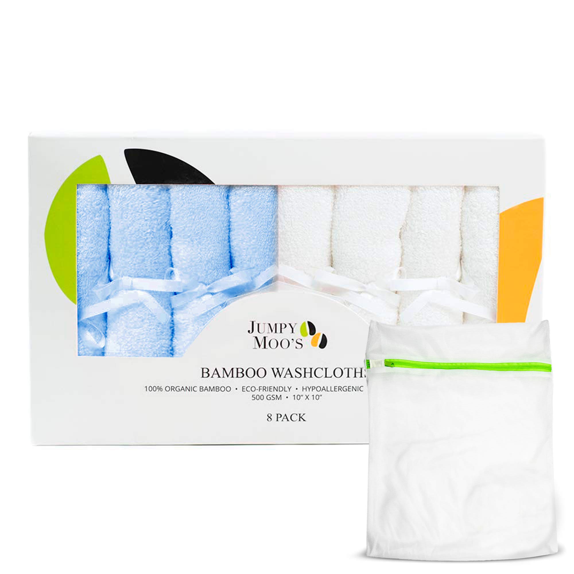 JM Bamboo Washcloths - 100% Bamboo, Ultra Thick 500gsm, 10x10 Inches, Baby Face Cloth, Flannels Face Cloth Pack 8, Gentle on Delicate Skin, Guards Against Irritations, Giftbox & Laundry Bag