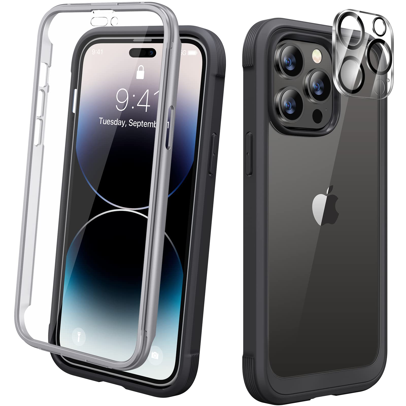 Diaclara Designed for iPhone 14 Pro Max Case 6.7, [2023 Upgraded] Full Body Rugged Case with Built-in Touch Sensitive Anti-Scratch Screen Protector +9H Tempered Glass Camera Lens Protector(Black) — image 1
