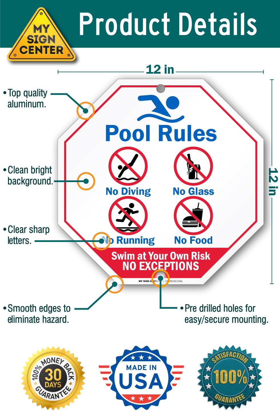octagonal gazebo 12x12 on Patio Lawn Garden Made In Usa Uv Protected And Weatherproof 12x12 Pool Rules Swim At Your Own Risk Sign Octagon 040 Rust Free Aluminum A90 234al Safety Products