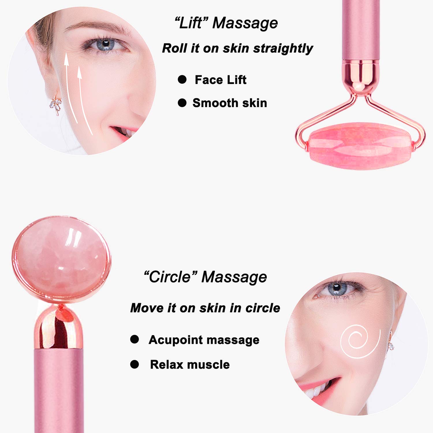 2-IN-1 Jade Roller Face Massager, Electric Nature Rose Quartz Beauty Bar Facial Roller Kit, Arm Eye Nose Massage Stone for Face Lift,Anti-Aging,Anti-Wrinkles,Skin Tightening,Face Firming: Beauty