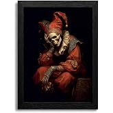Framed Halloween Wall Art Moody Skeleton Jester Pictures Prints Gothic Dark Academia Wall Decor for Bedroom Living Room Office Spooky Goth Apartment Dorm Home Decoration 16x24in