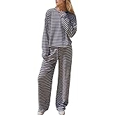 Ythomm Striped Pajamas Womens 2 Piece Sets Long Sleeve Tee Shirts Drawstring Wide Leg Pants Matching Sets Fall Lounge Outfits