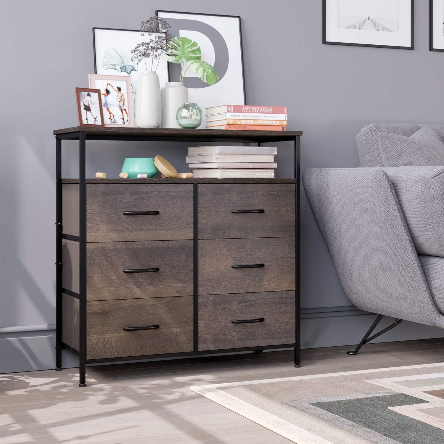 6 Drawer Dresser Chest 2 Tier Wood Shelves Fabric Drawers ...