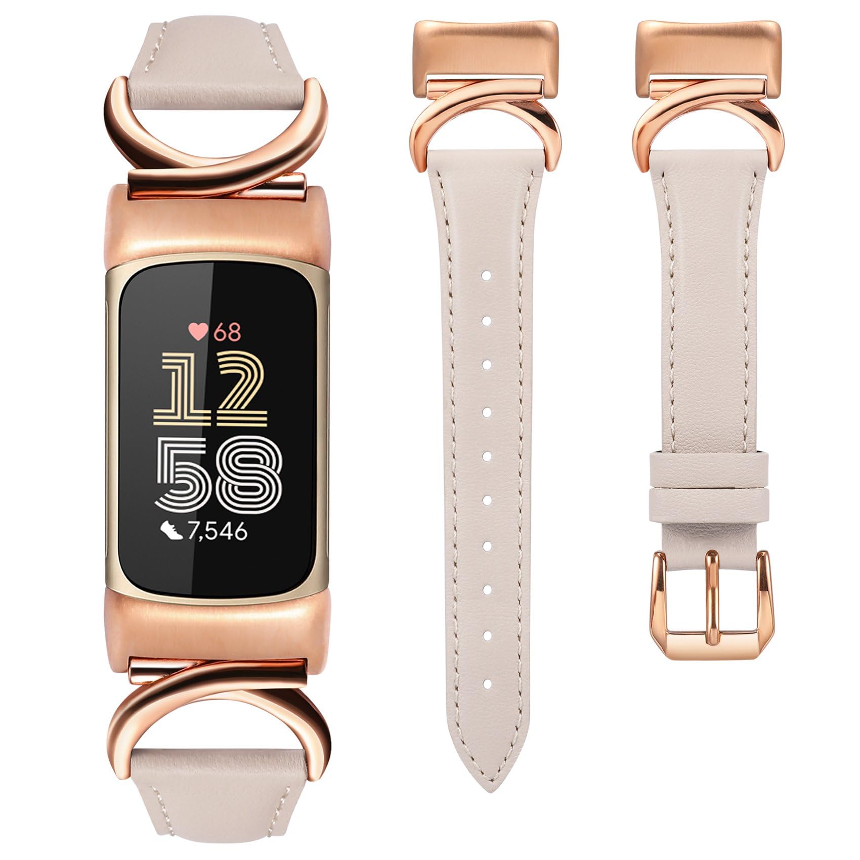 TOYOUTHS Leather Straps Compatible with Fitbit Charge 6/Charge 5 Strap Women, Slim Thin Elegant Dressy Designer Premium Leather Strap with C-Shape Metal Buckle for Charge 6/5, Starlight/Rose Gold