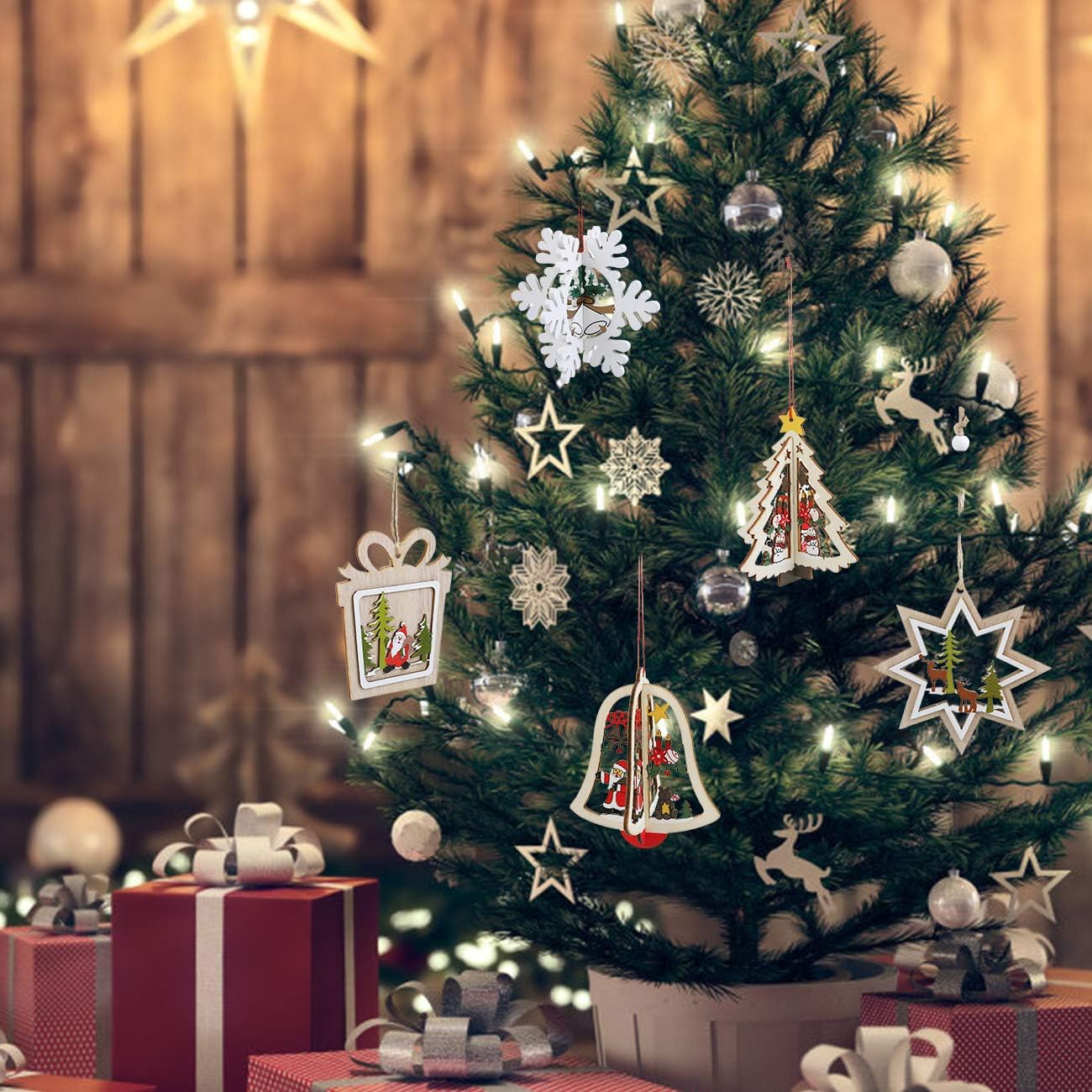 Amazon Lemeso クリスマス 飾り オーナメント クリスマスツリー飾り 木製 ストラップ 3d 立体 8デザイン デコレーション ドロップ サンタ 雪の結晶 鹿 8個入れ 装飾 飾り付け 紐付き ドロップ おもちゃ