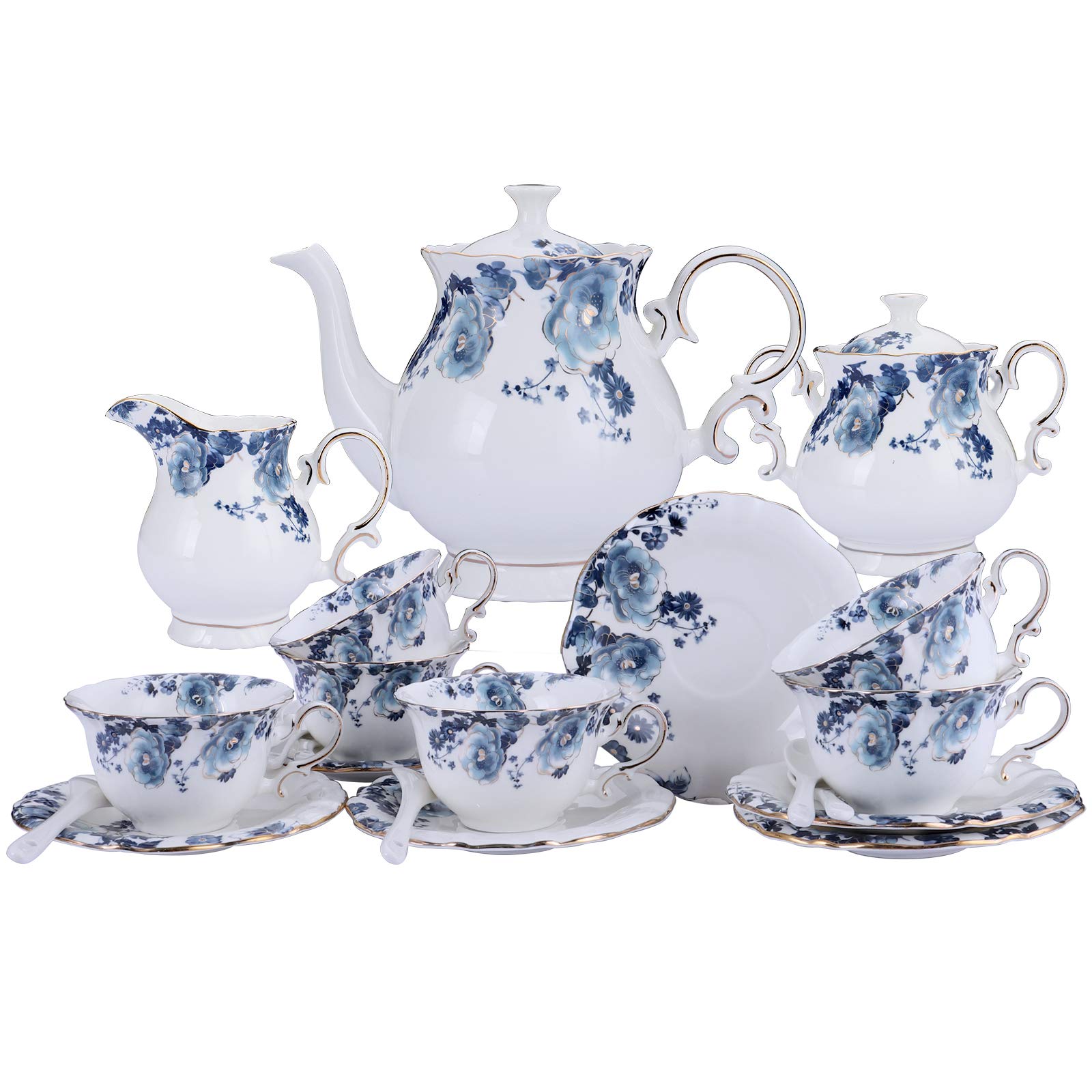 fanquare 21 Pieces Blue Rose British Afternoon Tea Set, Romantic Wedding Birthday Gift Tea Set, Porcelain Coffee Set for Adults