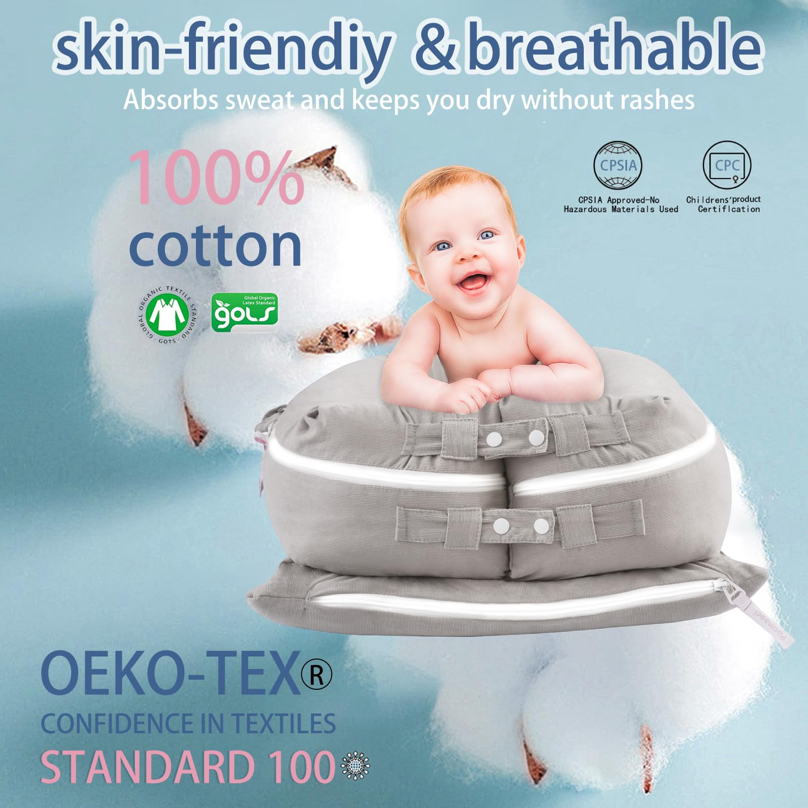 Corduroy Baby Lounger Cover for Dockatot Deluxe + | 100% Cotton Hypoallergenic Newborn Premium Quality Spare Cover(Cover Only) (Grey)