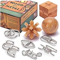 LESONG Brain Teasers Metal and Wooden Puzzles for Kids and Adults 9 Pack, Mind, IQ, and Logic Test and Handheld Disentangleme