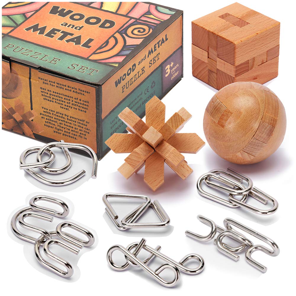 Photo 1 of LESONG Brain Teasers Metal and Wooden Puzzles for Kids and Adults 9 Pack, Mind, IQ, and Logic Test and Handheld Disentanglement Games, 3D Coil Cast Wire Chain and Durable Wood Educational Toys